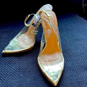 Sling back clear 4 inch gold heel